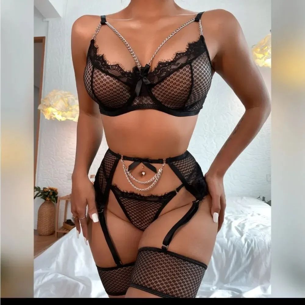 NWOT 5 Piece Black Mesh Garter Harness Lingerie Set- Size M